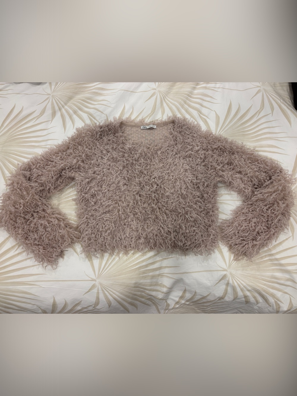 Zara Plush Shaggy Crop Crewneck Sweater in Taupe